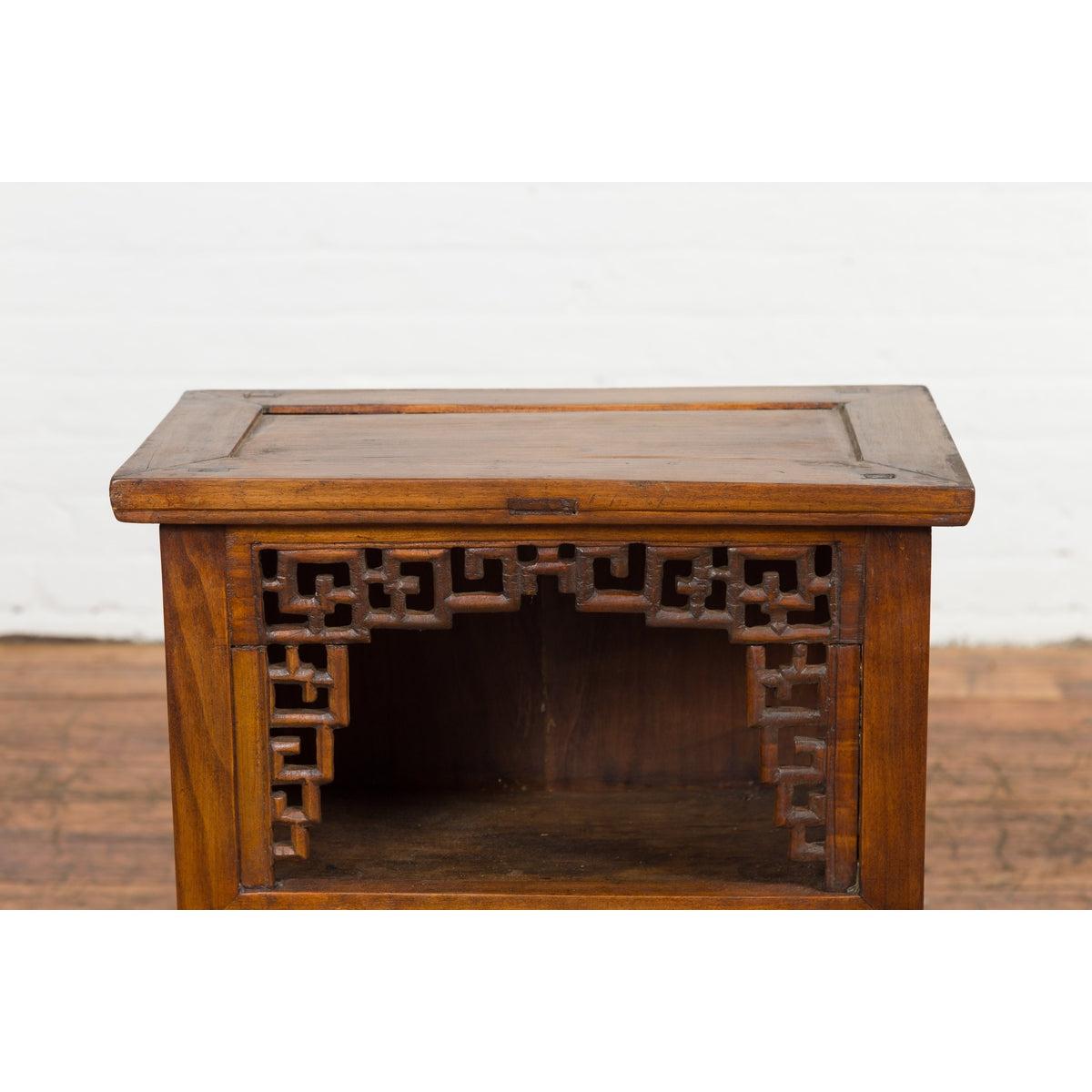 Chinese Qing Dynasty 19th Century Elm Side Cabinet with Fretwork Shelf and Doors-5. Asian & Chinese Furniture, Art, Antiques, Vintage Home Décor for sale at FEA Home