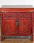 Chinese Red Lacquer Late Qing Dynasty Bedside Cabinet with Carved Décor-3. Asian & Chinese Furniture, Art, Antiques, Vintage Home Décor for sale at FEA Home