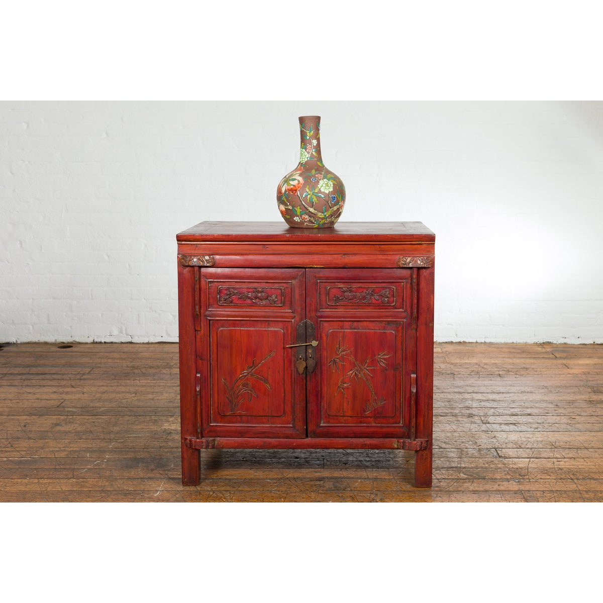 Chinese Red Lacquer Late Qing Dynasty Bedside Cabinet with Carved Décor-4. Asian & Chinese Furniture, Art, Antiques, Vintage Home Décor for sale at FEA Home