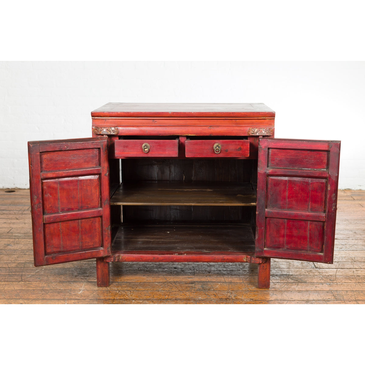 Chinese Red Lacquer Late Qing Dynasty Bedside Cabinet with Carved Décor-5. Asian & Chinese Furniture, Art, Antiques, Vintage Home Décor for sale at FEA Home
