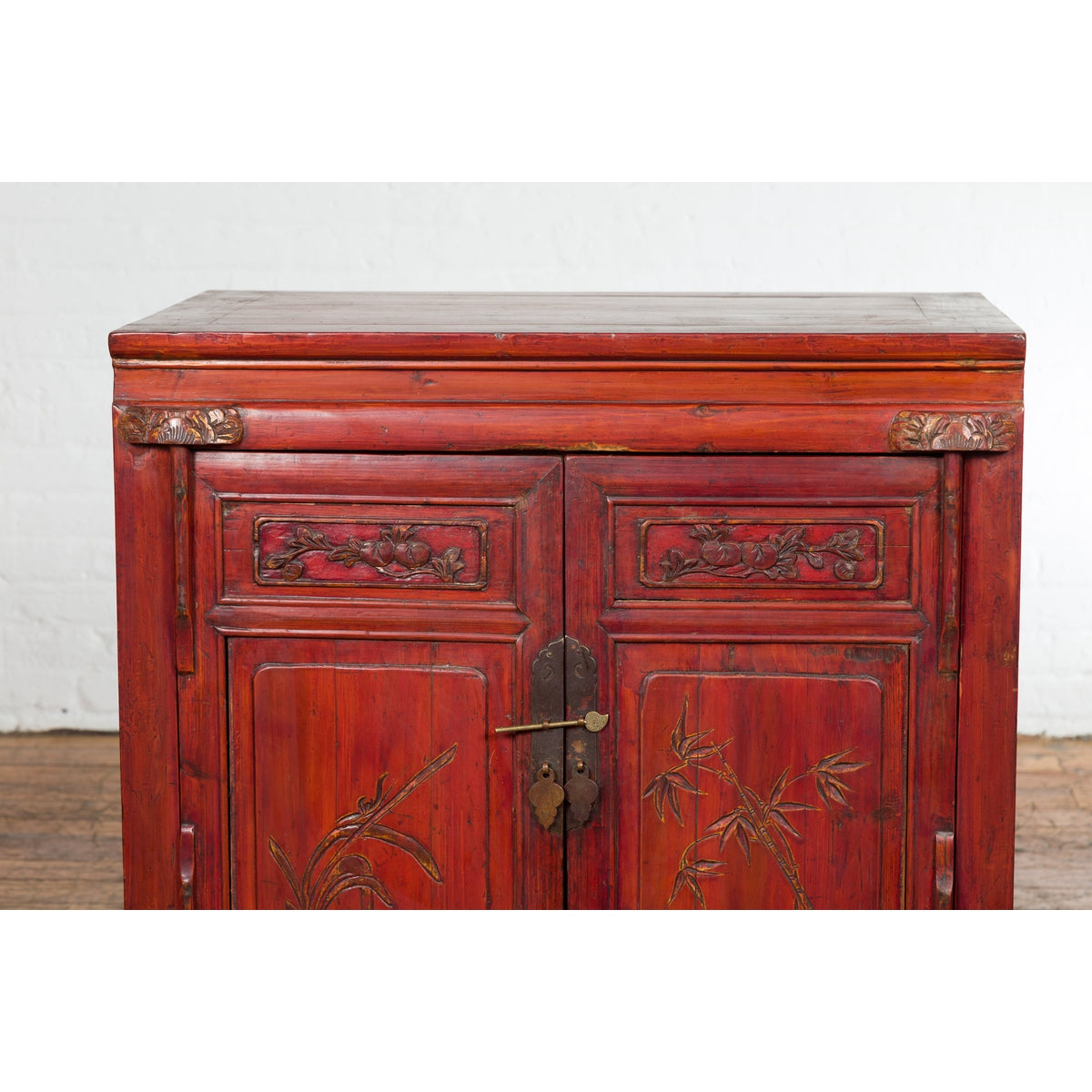 Chinese Red Lacquer Late Qing Dynasty Bedside Cabinet with Carved Décor-6. Asian & Chinese Furniture, Art, Antiques, Vintage Home Décor for sale at FEA Home