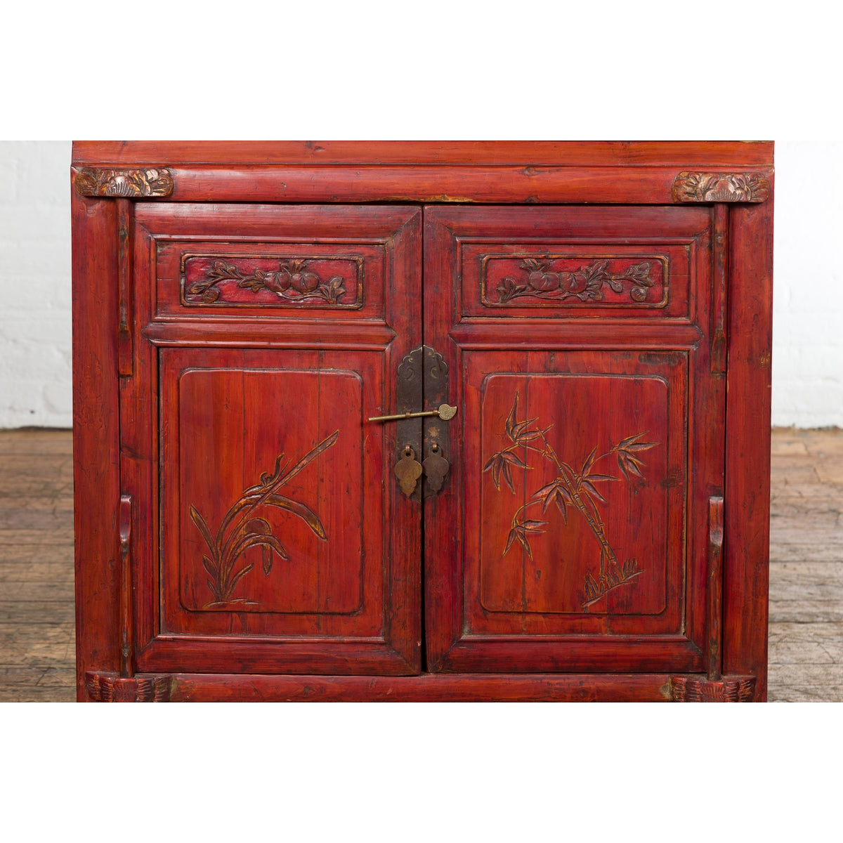 Chinese Red Lacquer Late Qing Dynasty Bedside Cabinet with Carved Décor-8. Asian & Chinese Furniture, Art, Antiques, Vintage Home Décor for sale at FEA Home