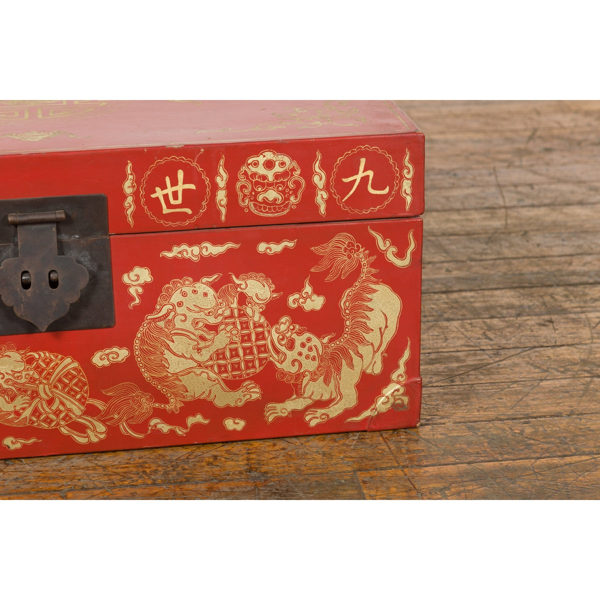 Chinese Red Lacquered Blanket Chest with Gilt Motifs and Guardian Lions-11. Asian & Chinese Furniture, Art, Antiques, Vintage Home Décor for sale at FEA Home