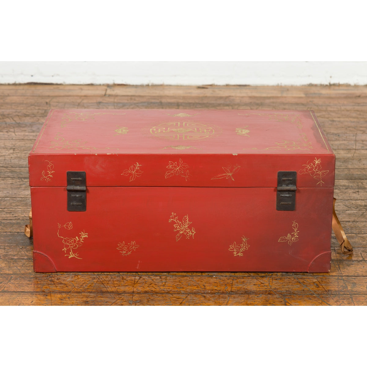 Chinese Red Lacquered Blanket Chest with Gilt Motifs and Guardian Lions-12. Asian & Chinese Furniture, Art, Antiques, Vintage Home Décor for sale at FEA Home
