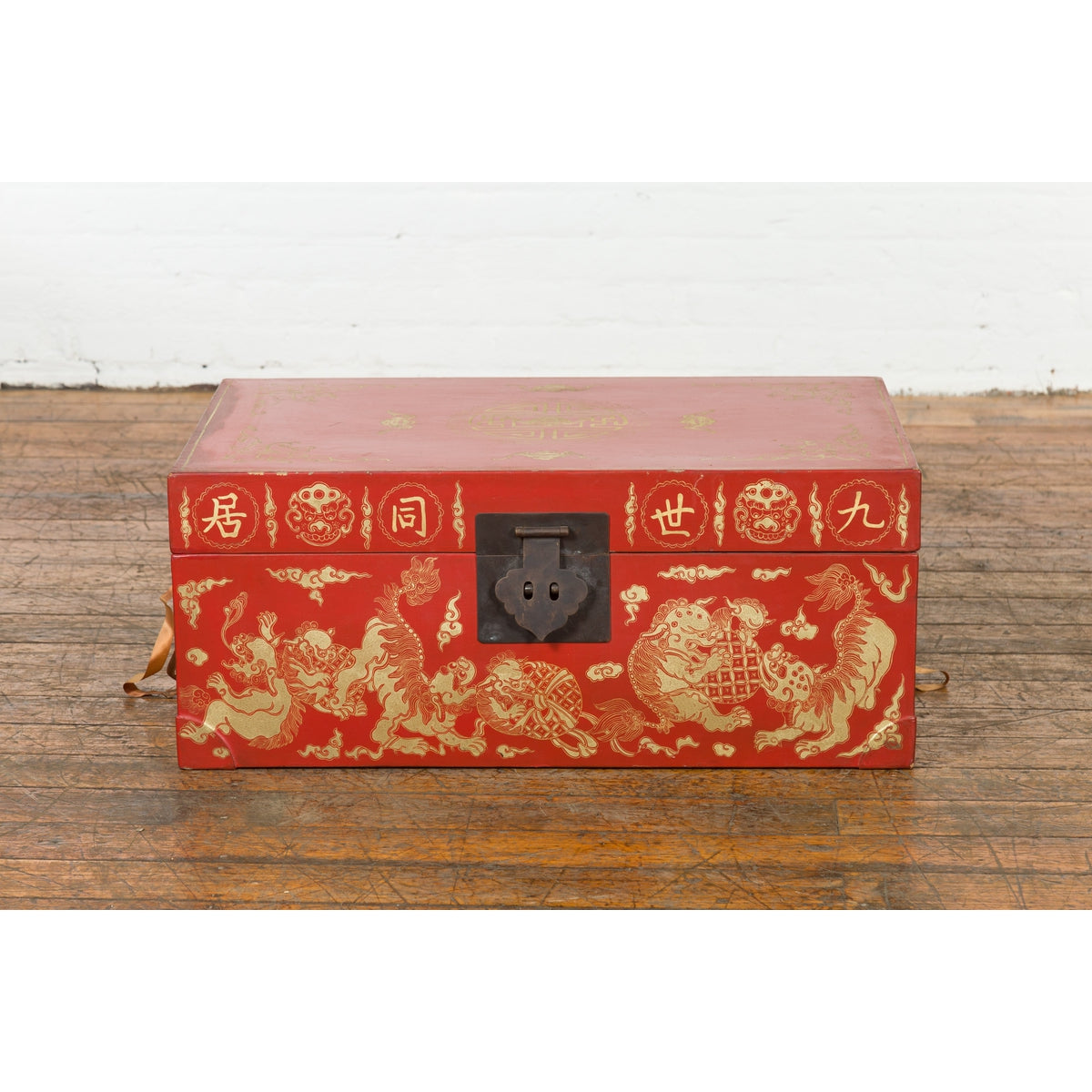 Chinese Red Lacquered Blanket Chest with Gilt Motifs and Guardian Lions-3. Asian & Chinese Furniture, Art, Antiques, Vintage Home Décor for sale at FEA Home