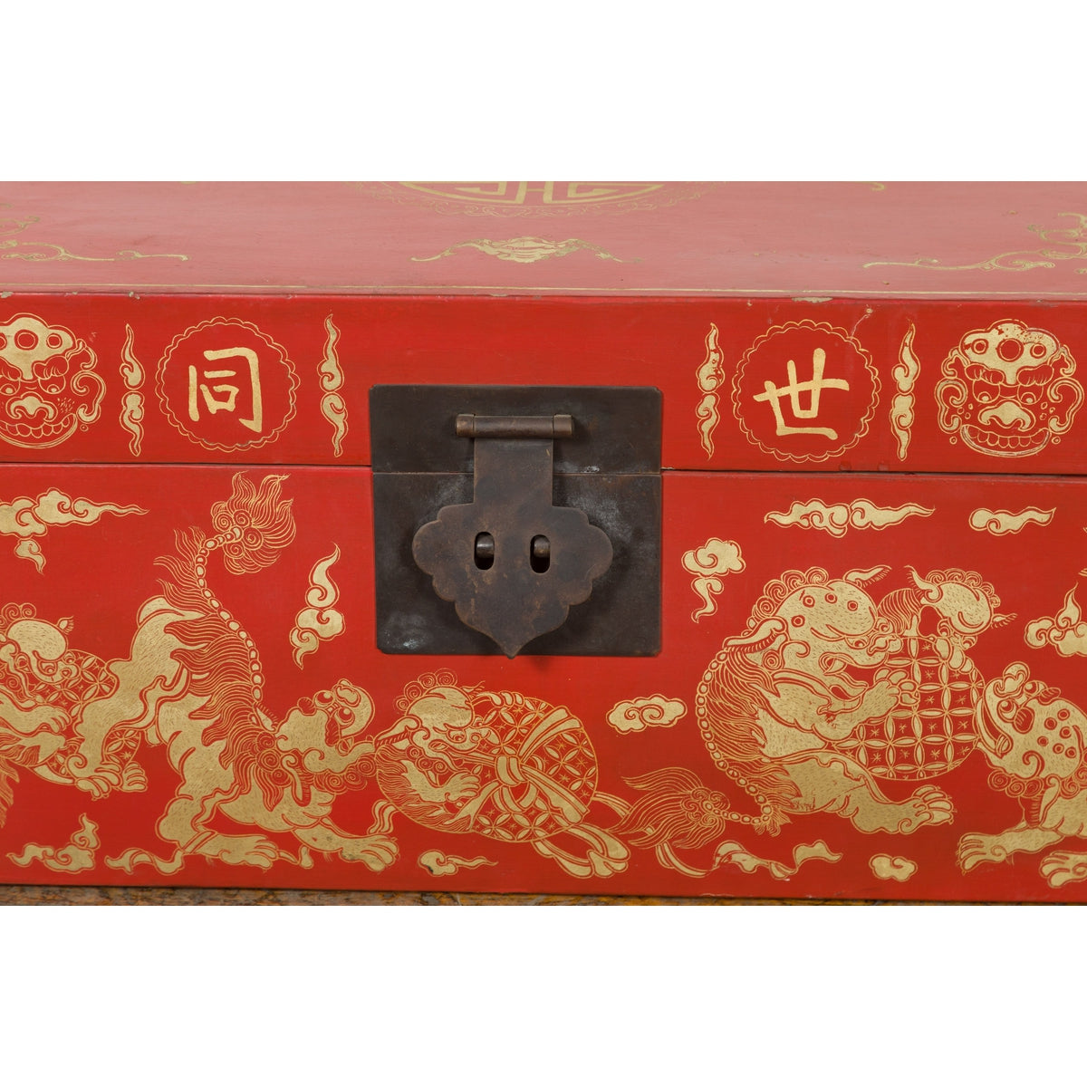 Chinese Red Lacquered Blanket Chest with Gilt Motifs and Guardian Lions-8. Asian & Chinese Furniture, Art, Antiques, Vintage Home Décor for sale at FEA Home