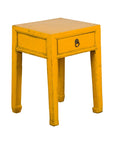 Chinese Vintage Distressed Yellow Lacquer with Single Drawer and Horse Hoof Feet-1. Asian & Chinese Furniture, Art, Antiques, Vintage Home Décor for sale at FEA Home