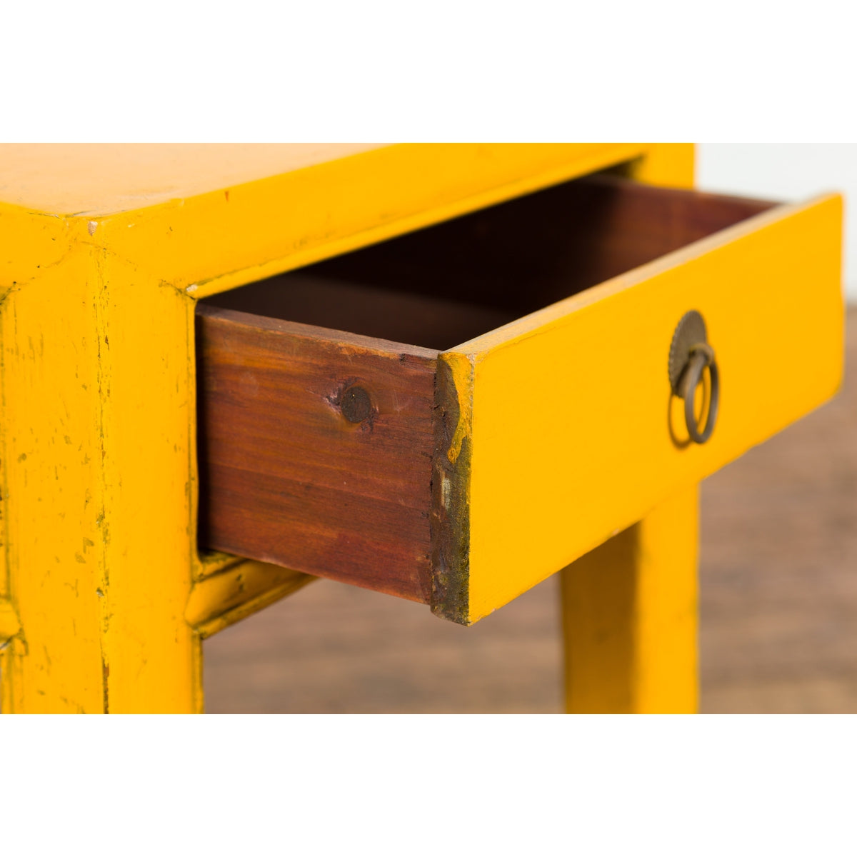 Chinese Vintage Distressed Yellow Lacquer with Single Drawer and Horse Hoof Feet-10. Asian & Chinese Furniture, Art, Antiques, Vintage Home Décor for sale at FEA Home