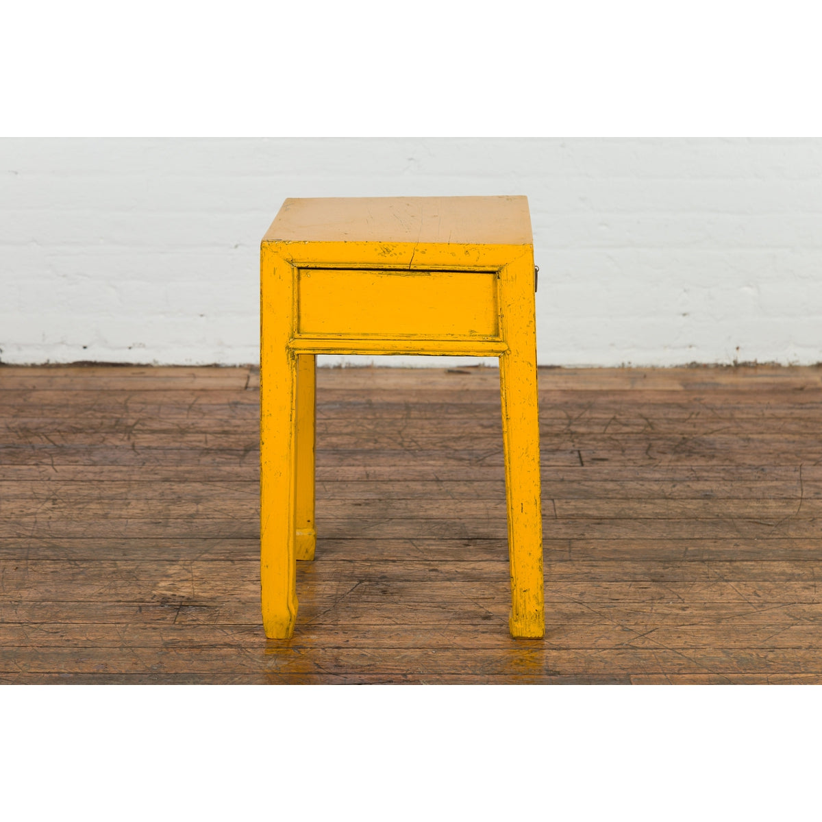 Chinese Vintage Distressed Yellow Lacquer with Single Drawer and Horse Hoof Feet-11. Asian & Chinese Furniture, Art, Antiques, Vintage Home Décor for sale at FEA Home