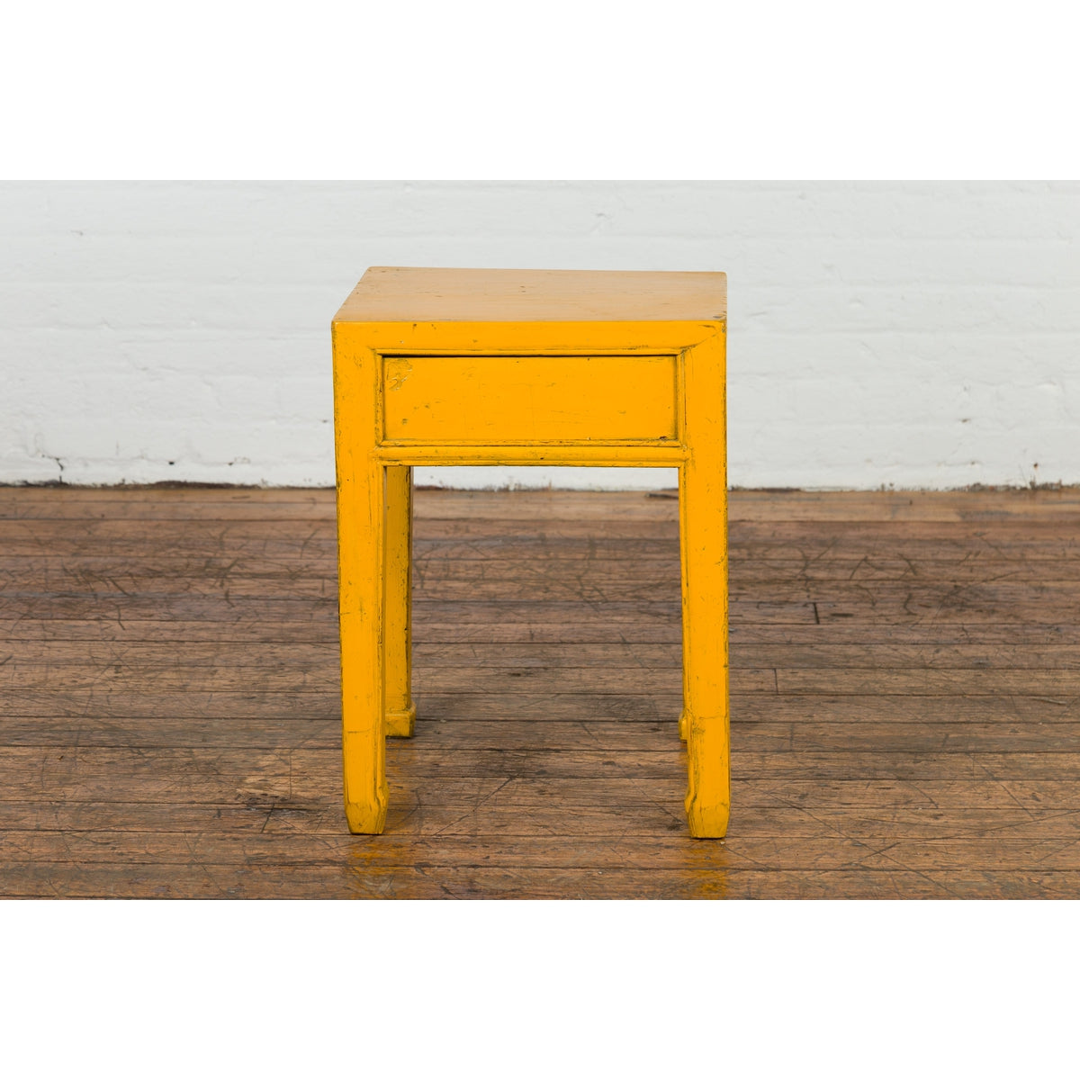 Chinese Vintage Distressed Yellow Lacquer with Single Drawer and Horse Hoof Feet-12. Asian & Chinese Furniture, Art, Antiques, Vintage Home Décor for sale at FEA Home