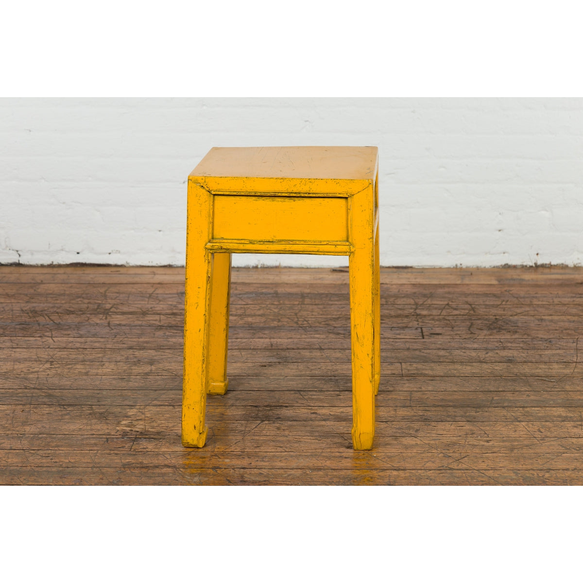 Chinese Vintage Distressed Yellow Lacquer with Single Drawer and Horse Hoof Feet-13. Asian & Chinese Furniture, Art, Antiques, Vintage Home Décor for sale at FEA Home
