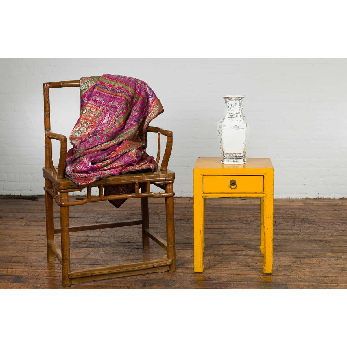 Chinese Vintage Distressed Yellow Lacquer with Single Drawer and Horse Hoof Feet-3. Asian & Chinese Furniture, Art, Antiques, Vintage Home Décor for sale at FEA Home