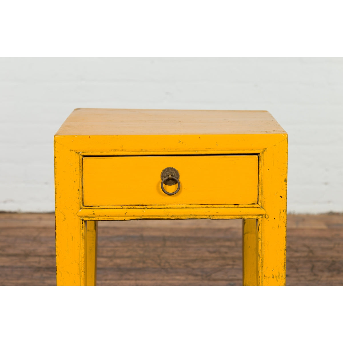 Chinese Vintage Distressed Yellow Lacquer with Single Drawer and Horse Hoof Feet-4. Asian & Chinese Furniture, Art, Antiques, Vintage Home Décor for sale at FEA Home