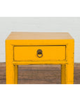 Chinese Vintage Distressed Yellow Lacquer with Single Drawer and Horse Hoof Feet-4. Asian & Chinese Furniture, Art, Antiques, Vintage Home Décor for sale at FEA Home