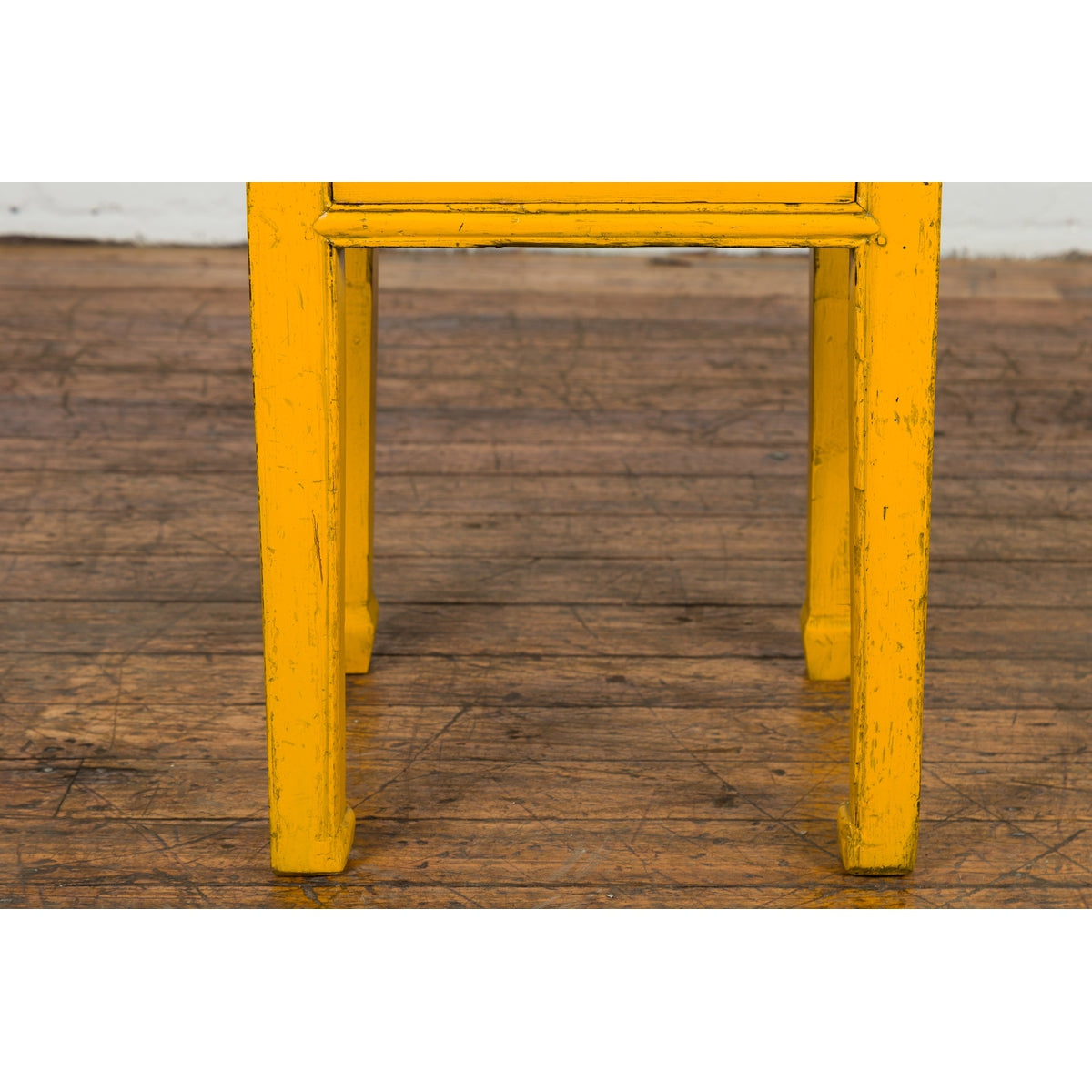 Chinese Vintage Distressed Yellow Lacquer with Single Drawer and Horse Hoof Feet-5. Asian & Chinese Furniture, Art, Antiques, Vintage Home Décor for sale at FEA Home