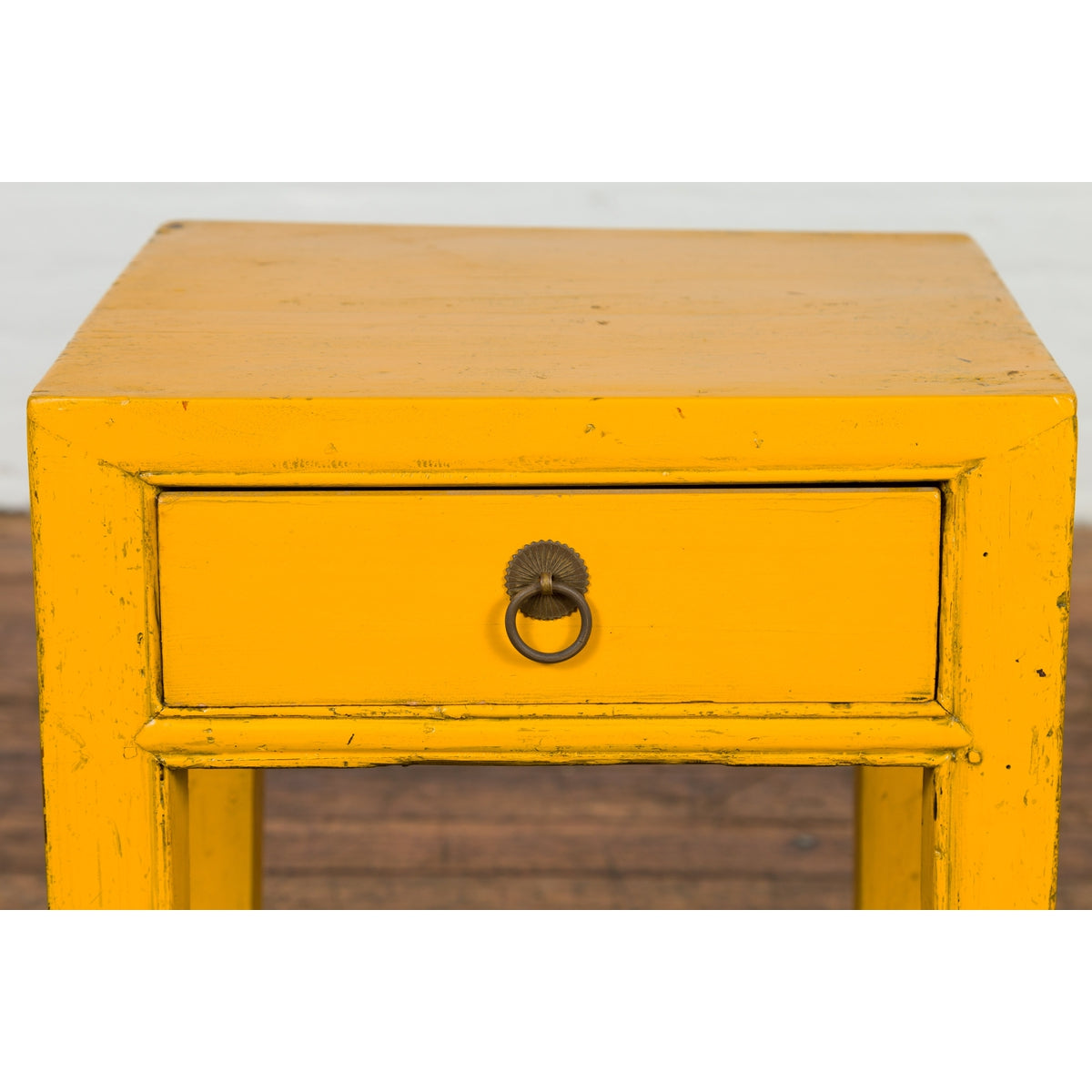 Chinese Vintage Distressed Yellow Lacquer with Single Drawer and Horse Hoof Feet-6. Asian & Chinese Furniture, Art, Antiques, Vintage Home Décor for sale at FEA Home