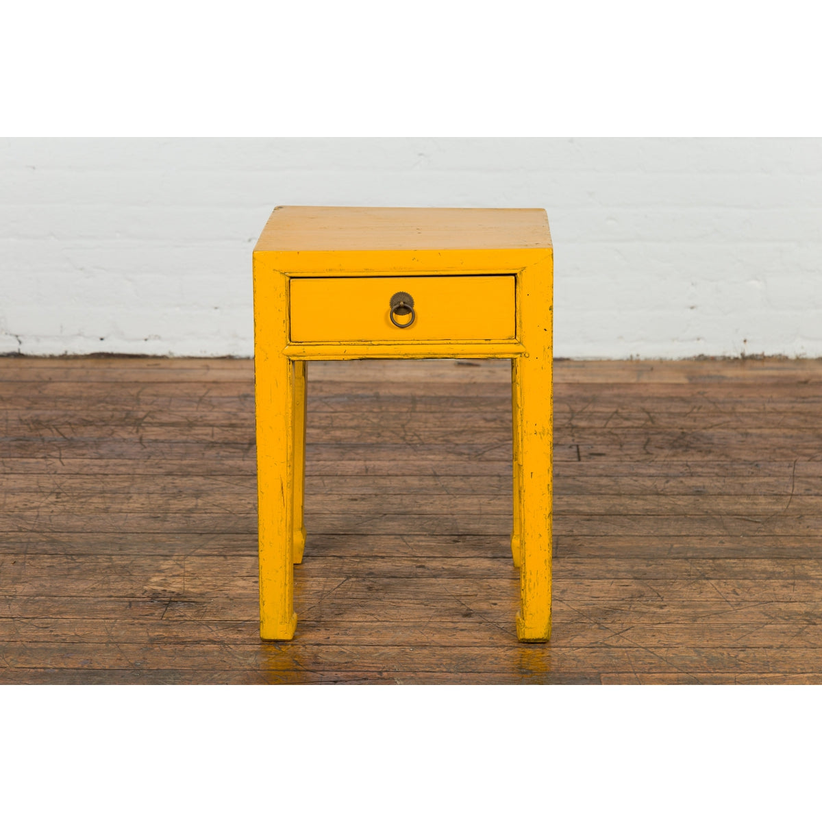 Chinese Vintage Distressed Yellow Lacquer with Single Drawer and Horse Hoof Feet-7. Asian & Chinese Furniture, Art, Antiques, Vintage Home Décor for sale at FEA Home