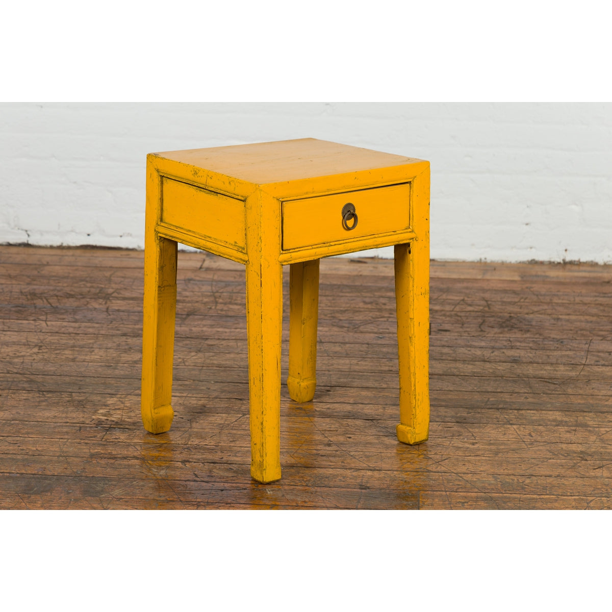 Chinese Vintage Distressed Yellow Lacquer with Single Drawer and Horse Hoof Feet-8. Asian & Chinese Furniture, Art, Antiques, Vintage Home Décor for sale at FEA Home