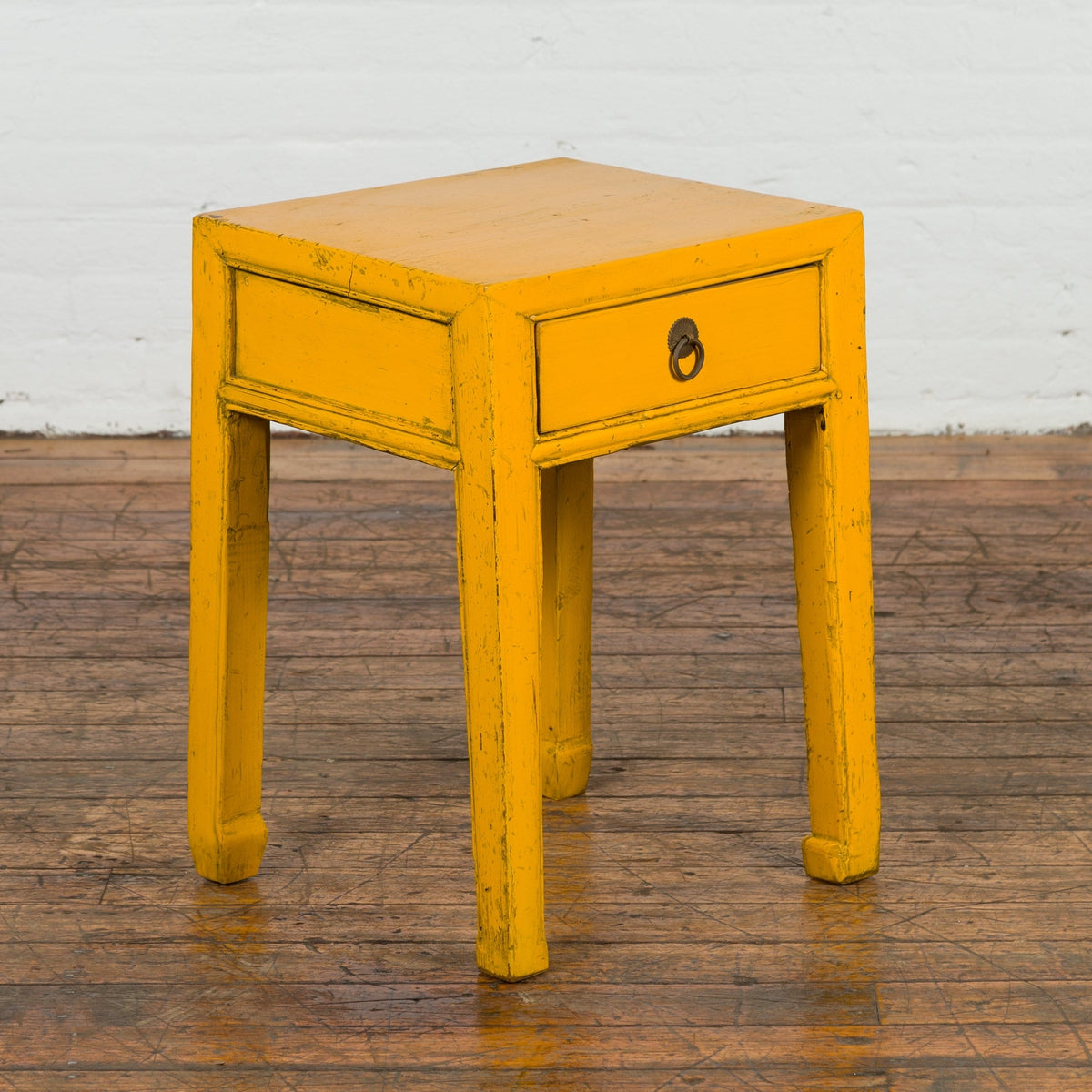 Chinese Vintage Distressed Yellow Lacquer with Single Drawer and Horse Hoof Feet-9. Asian & Chinese Furniture, Art, Antiques, Vintage Home Décor for sale at FEA Home