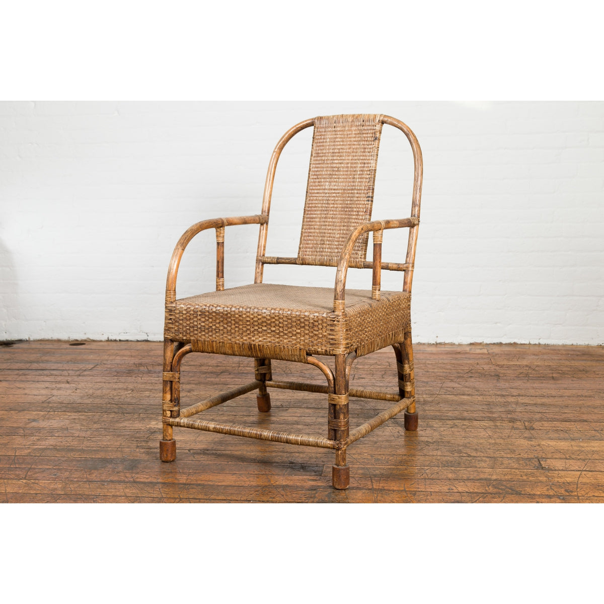 Country Style Burmese Vintage Hand-Woven Rattan Armchair with Rounded Back-15. Asian & Chinese Furniture, Art, Antiques, Vintage Home Décor for sale at FEA Home
