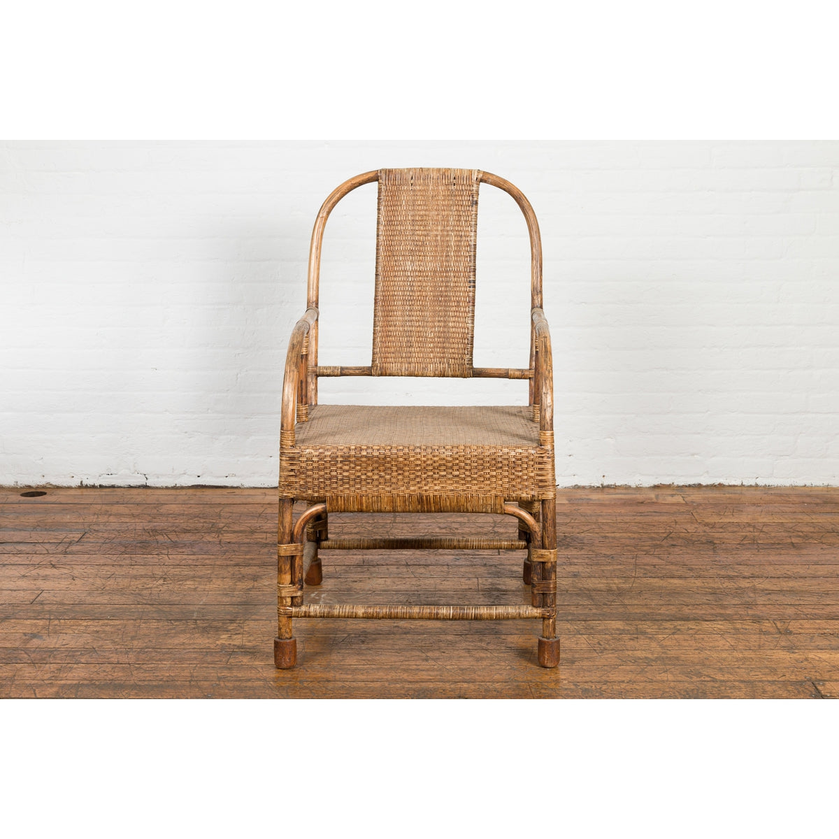 Country Style Burmese Vintage Hand-Woven Rattan Armchair with Rounded Back-2. Asian & Chinese Furniture, Art, Antiques, Vintage Home Décor for sale at FEA Home