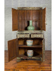 Indian Rustic Painted Wood Cabinet with Carved Foliage and Distressed Patina-3. Asian & Chinese Furniture, Art, Antiques, Vintage Home Décor for sale at FEA Home