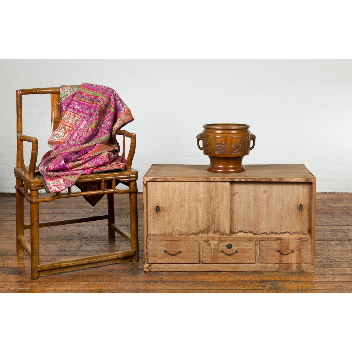 Japanese Early 20th Century Low Storage Cabinet with Sliding Doors and Drawers-3. Asian & Chinese Furniture, Art, Antiques, Vintage Home Décor for sale at FEA Home