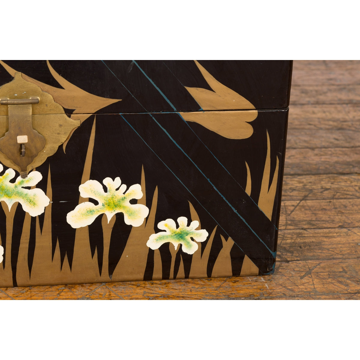Japanese Late Meiji Period Black Lacquer Blanket Chest with Golden Painted Décor-10. Asian & Chinese Furniture, Art, Antiques, Vintage Home Décor for sale at FEA Home