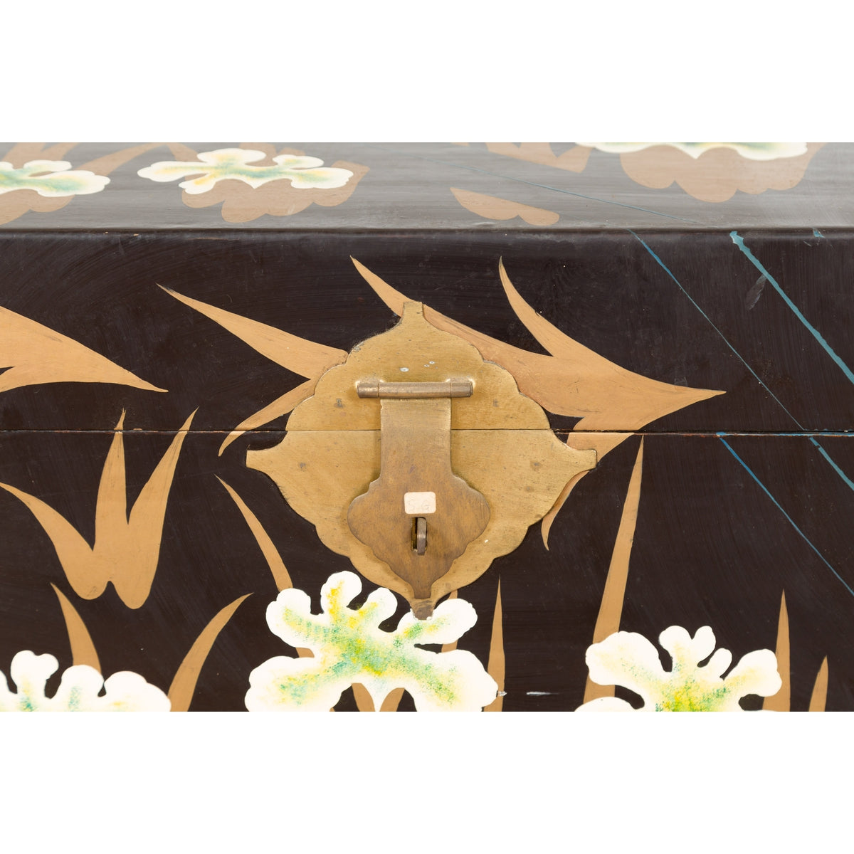 Japanese Late Meiji Period Black Lacquer Blanket Chest with Golden Painted Décor-11. Asian & Chinese Furniture, Art, Antiques, Vintage Home Décor for sale at FEA Home