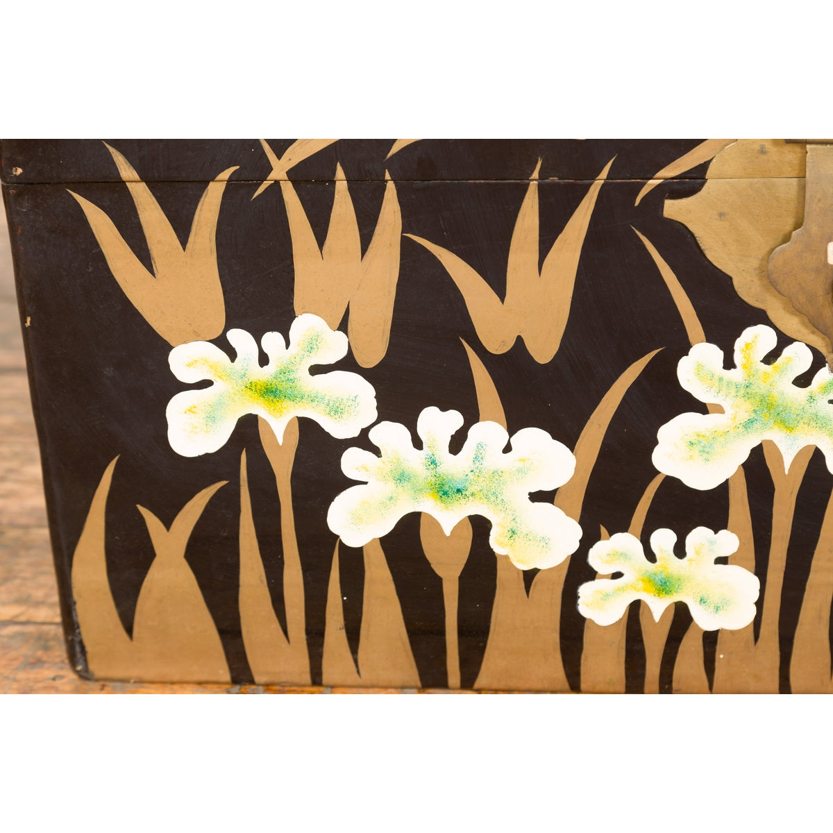Japanese Late Meiji Period Black Lacquer Blanket Chest with Golden Painted Décor-12. Asian & Chinese Furniture, Art, Antiques, Vintage Home Décor for sale at FEA Home