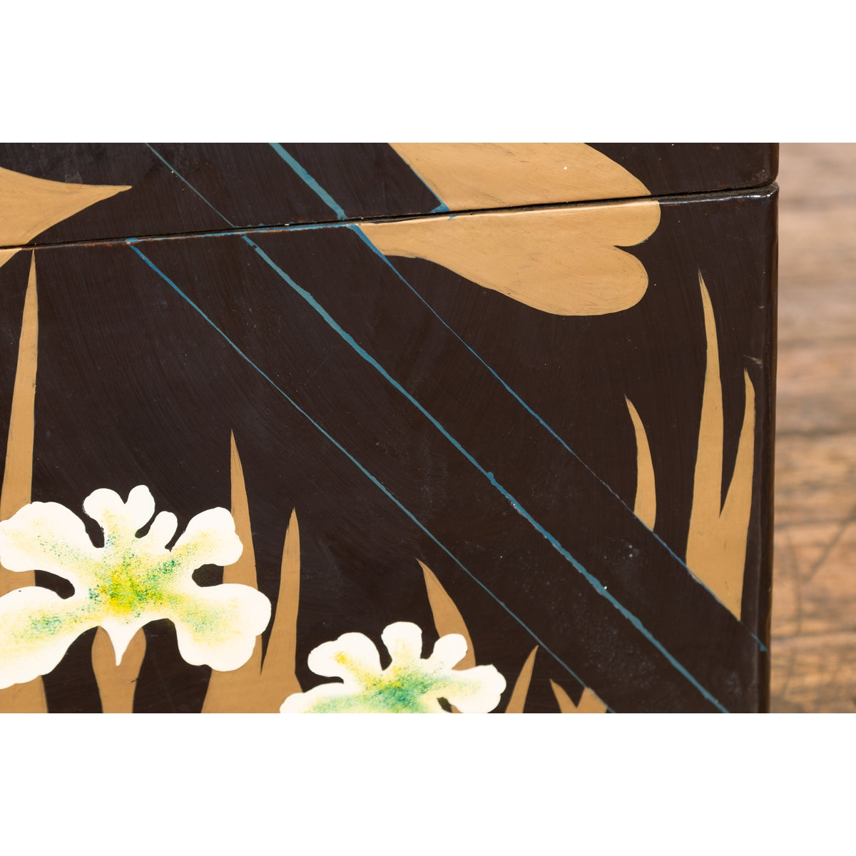 Japanese Late Meiji Period Black Lacquer Blanket Chest with Golden Painted Décor-13. Asian & Chinese Furniture, Art, Antiques, Vintage Home Décor for sale at FEA Home
