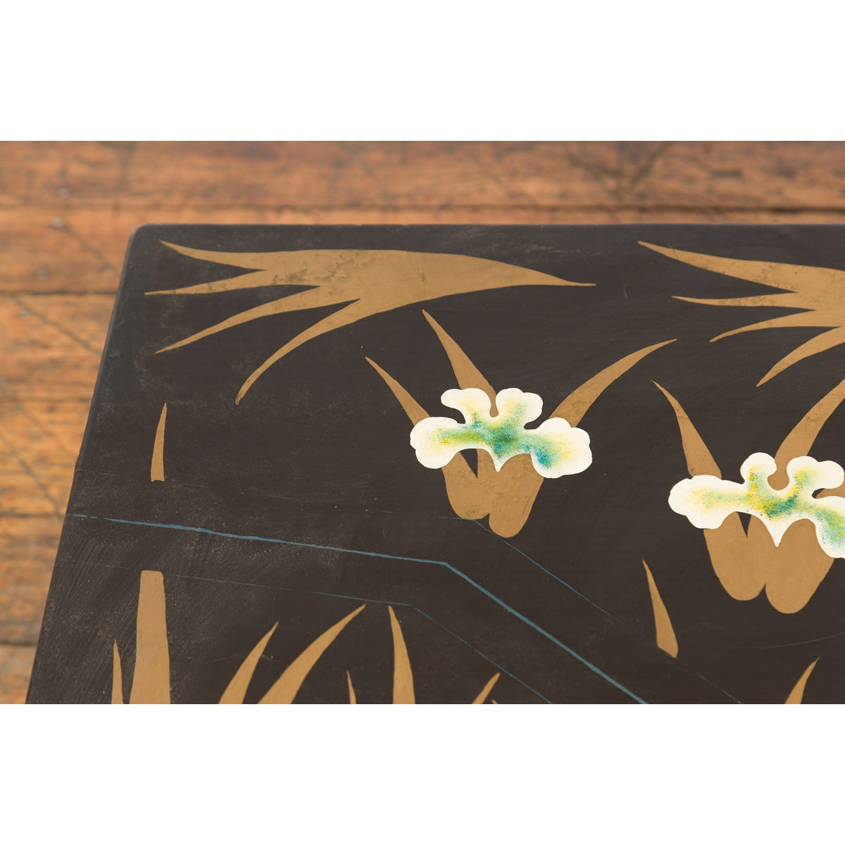 Japanese Late Meiji Period Black Lacquer Blanket Chest with Golden Painted Décor-15. Asian & Chinese Furniture, Art, Antiques, Vintage Home Décor for sale at FEA Home