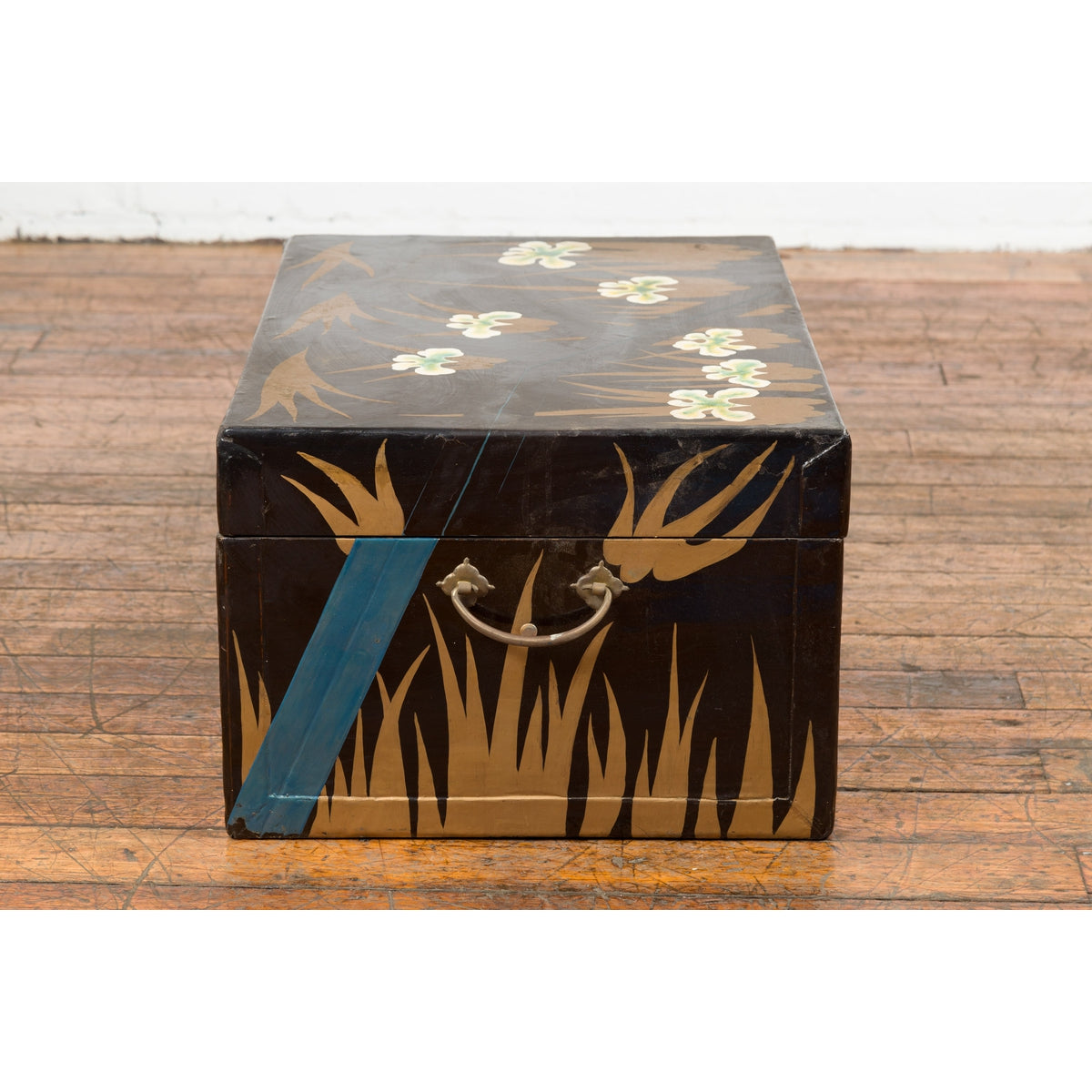 Japanese Late Meiji Period Black Lacquer Blanket Chest with Golden Painted Décor-18. Asian & Chinese Furniture, Art, Antiques, Vintage Home Décor for sale at FEA Home