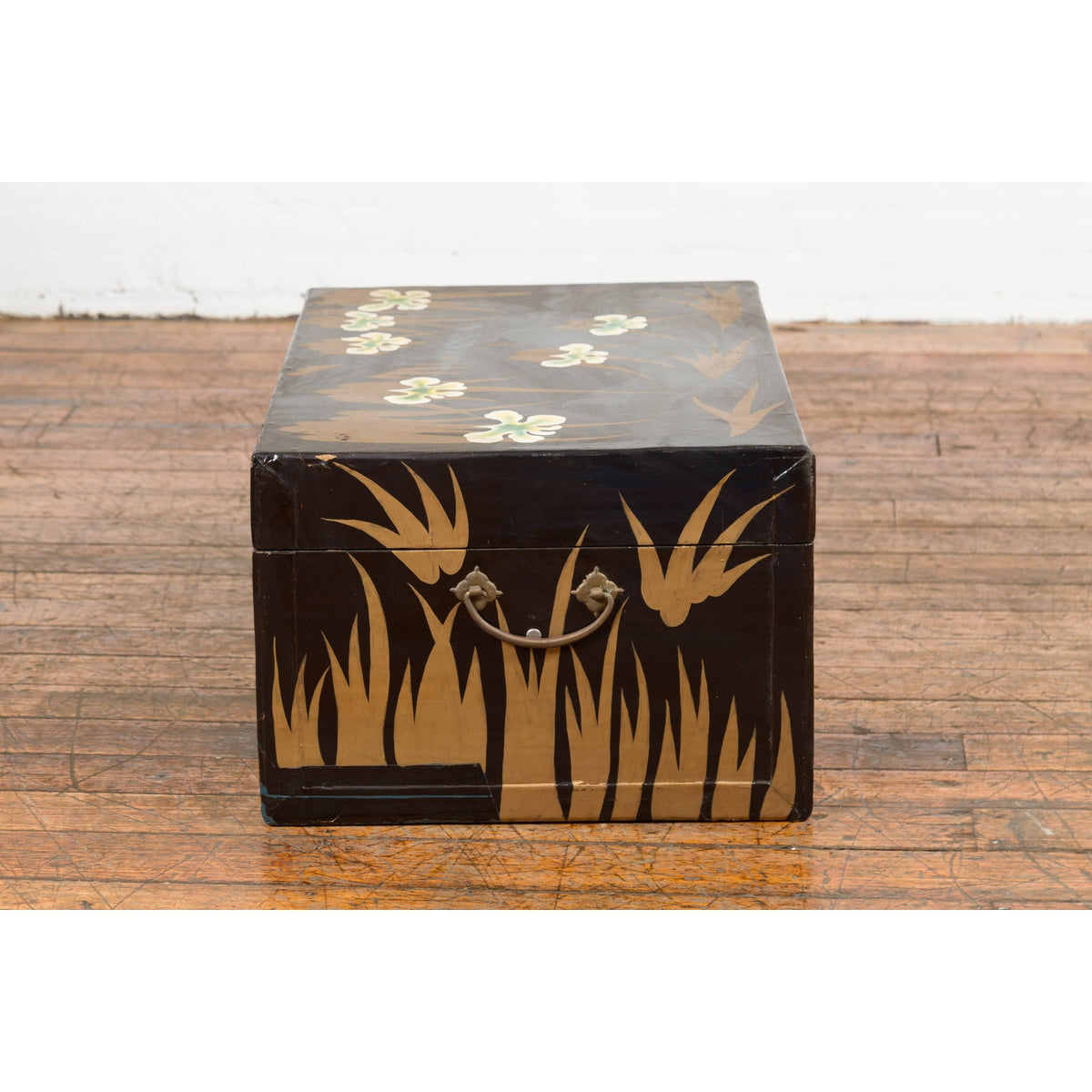 Japanese Late Meiji Period Black Lacquer Blanket Chest with Golden Painted Décor-20. Asian & Chinese Furniture, Art, Antiques, Vintage Home Décor for sale at FEA Home