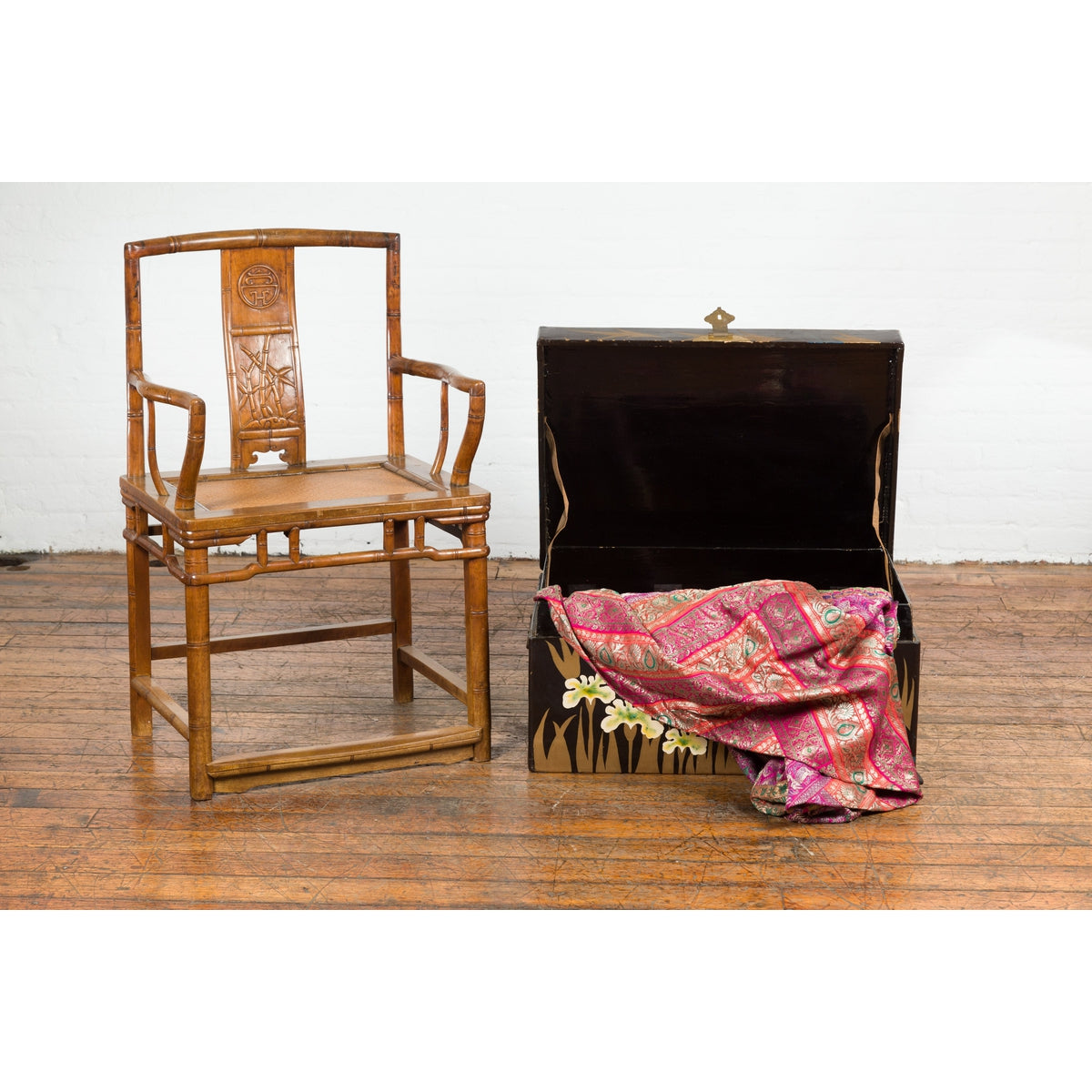 Japanese Late Meiji Period Black Lacquer Blanket Chest with Golden Painted Décor-3. Asian & Chinese Furniture, Art, Antiques, Vintage Home Décor for sale at FEA Home