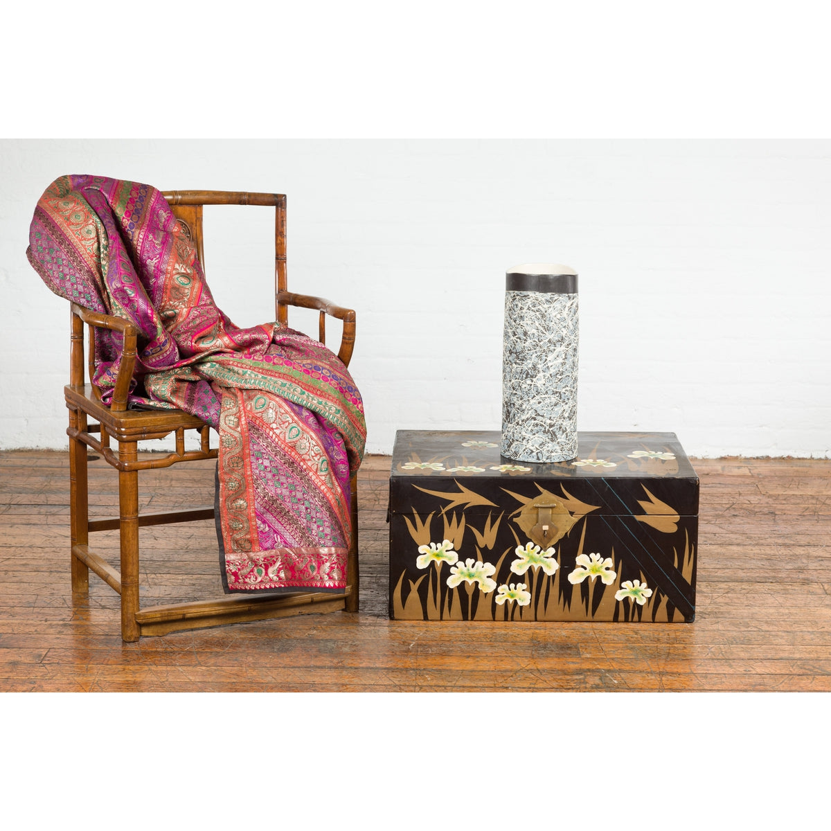 Japanese Late Meiji Period Black Lacquer Blanket Chest with Golden Painted Décor-4. Asian & Chinese Furniture, Art, Antiques, Vintage Home Décor for sale at FEA Home
