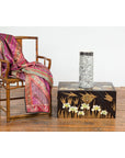 Japanese Late Meiji Period Black Lacquer Blanket Chest with Golden Painted Décor-4. Asian & Chinese Furniture, Art, Antiques, Vintage Home Décor for sale at FEA Home