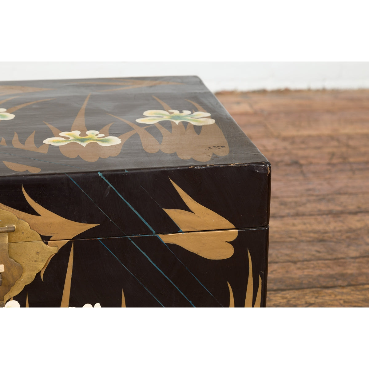 Japanese Late Meiji Period Black Lacquer Blanket Chest with Golden Painted Décor-8. Asian & Chinese Furniture, Art, Antiques, Vintage Home Décor for sale at FEA Home