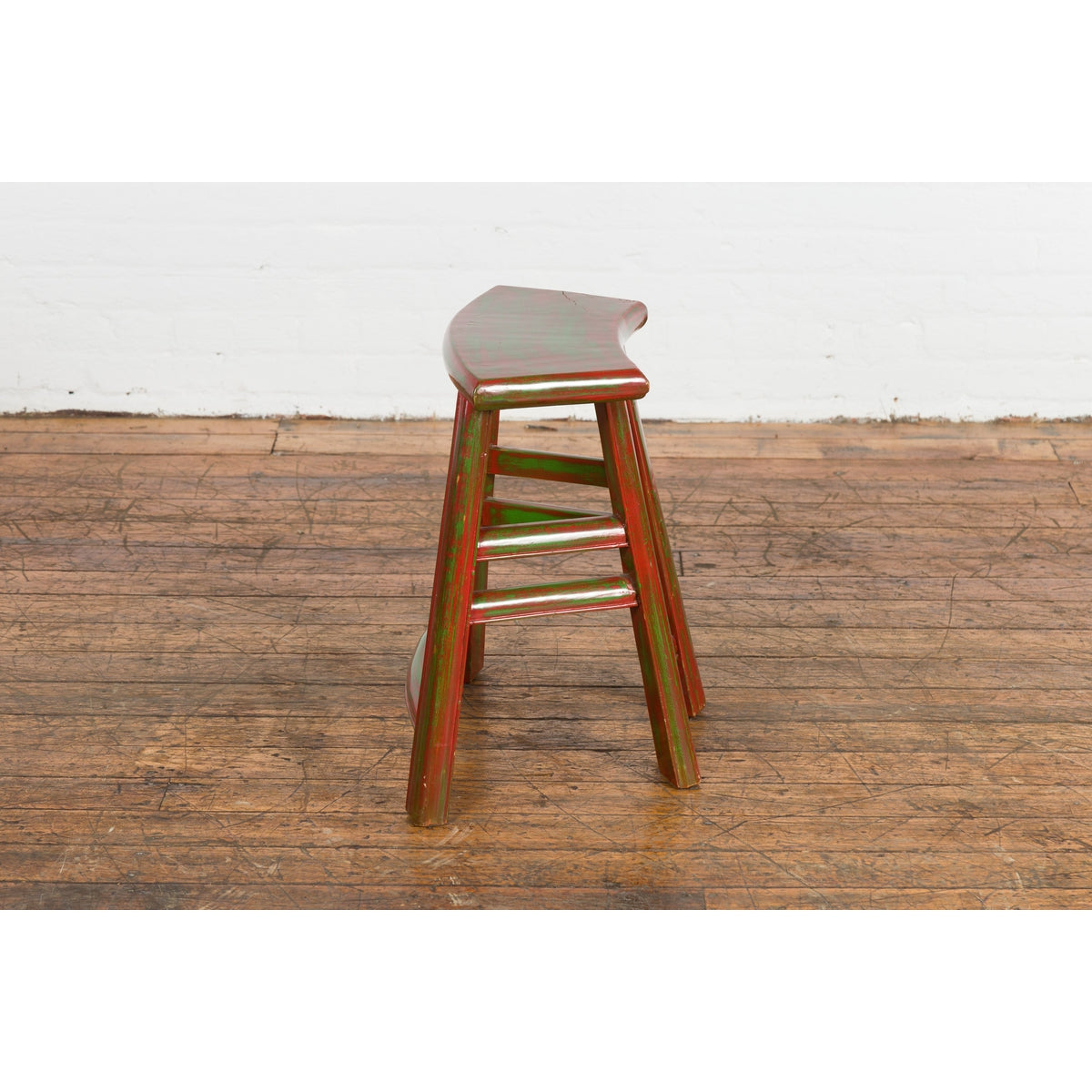 Japanese Late Meiji Period Red and Green Lacquered Stool with Semicircular Seat-11. Asian & Chinese Furniture, Art, Antiques, Vintage Home Décor for sale at FEA Home