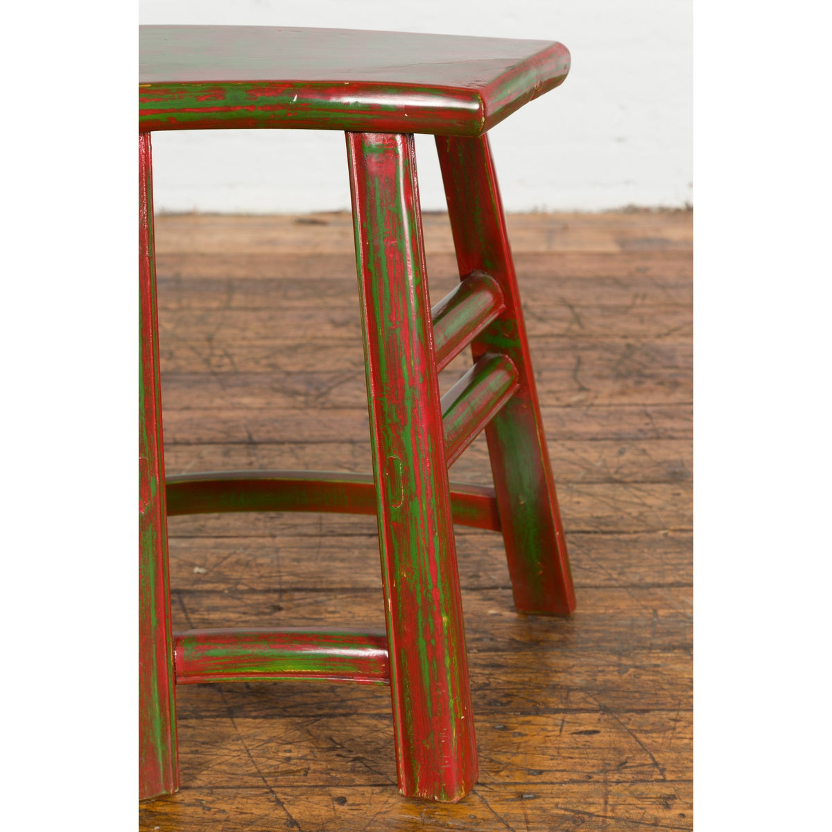 Japanese Late Meiji Period Red and Green Lacquered Stool with Semicircular Seat-6. Asian & Chinese Furniture, Art, Antiques, Vintage Home Décor for sale at FEA Home