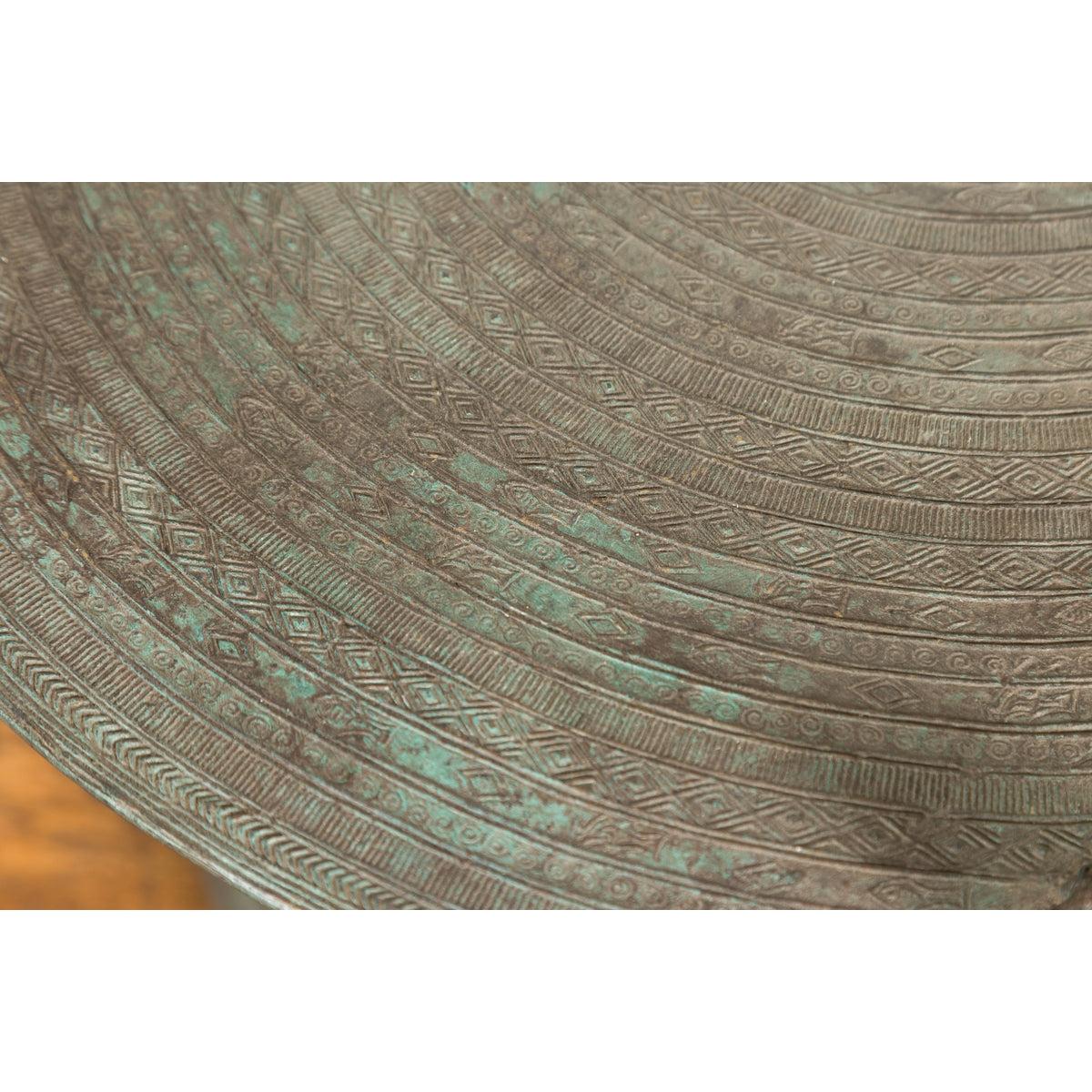 Laotian Style Vintage Bronze Rain Drum with Geometric Motifs and Frog Finials-10. Asian & Chinese Furniture, Art, Antiques, Vintage Home Décor for sale at FEA Home