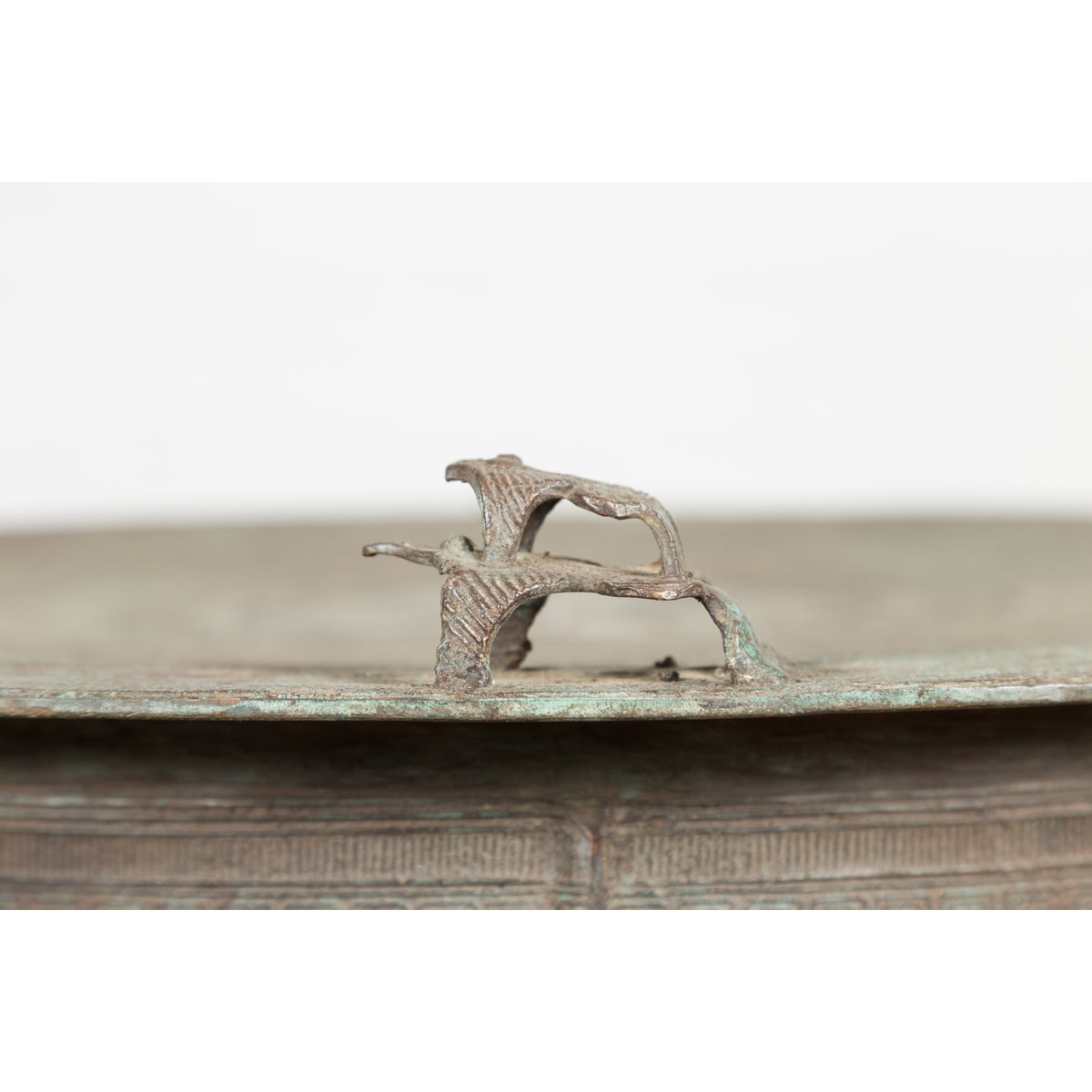 Laotian Style Vintage Bronze Rain Drum with Geometric Motifs and Frog Finials-12. Asian & Chinese Furniture, Art, Antiques, Vintage Home Décor for sale at FEA Home