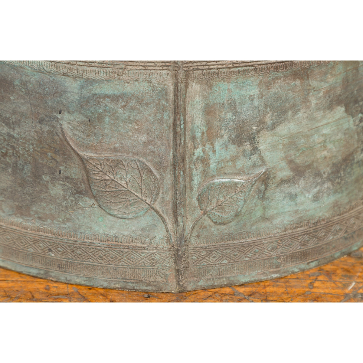 Laotian Style Vintage Bronze Rain Drum with Geometric Motifs and Frog Finials-16. Asian & Chinese Furniture, Art, Antiques, Vintage Home Décor for sale at FEA Home