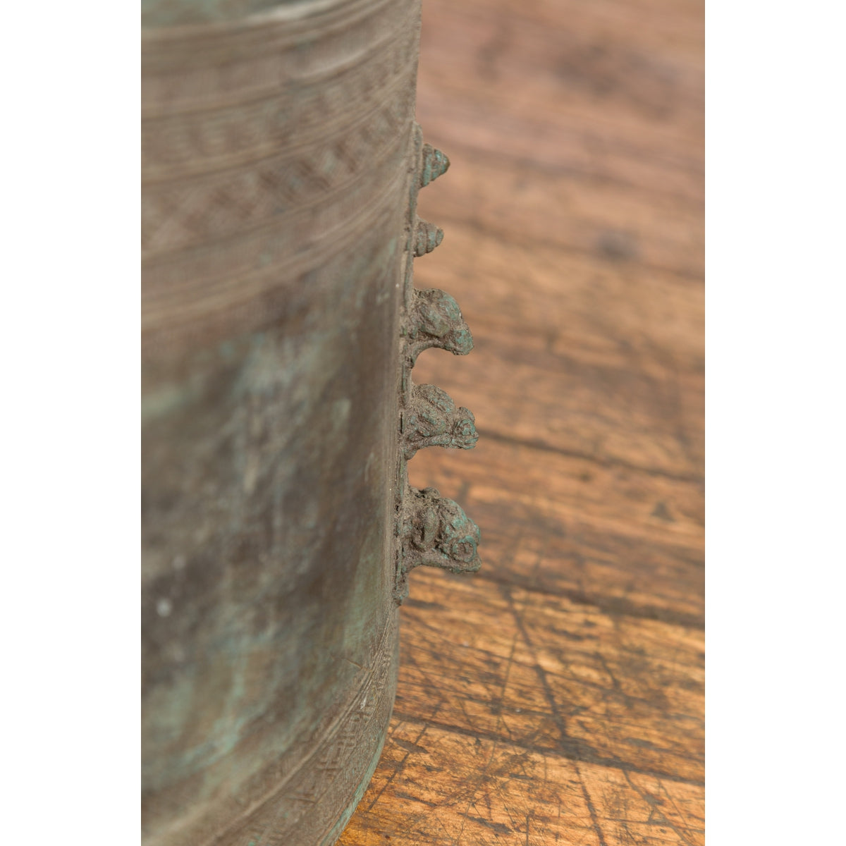 Laotian Style Vintage Bronze Rain Drum with Geometric Motifs and Frog Finials-17. Asian & Chinese Furniture, Art, Antiques, Vintage Home Décor for sale at FEA Home