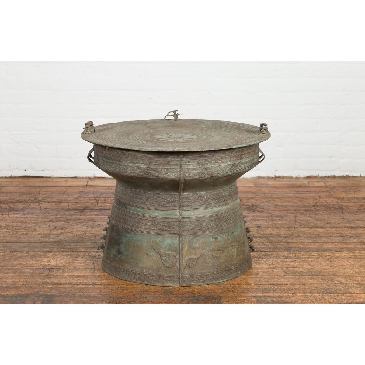 Laotian Style Vintage Bronze Rain Drum with Geometric Motifs and Frog Finials-18. Asian & Chinese Furniture, Art, Antiques, Vintage Home Décor for sale at FEA Home