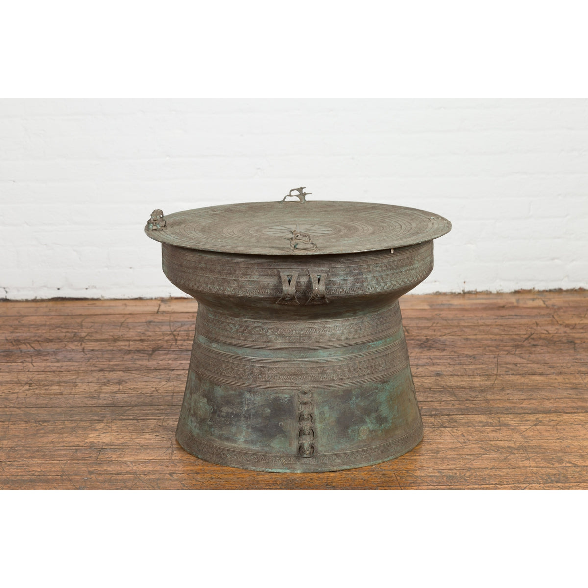Laotian Style Vintage Bronze Rain Drum with Geometric Motifs and Frog Finials-19. Asian & Chinese Furniture, Art, Antiques, Vintage Home Décor for sale at FEA Home