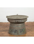 Laotian Style Vintage Bronze Rain Drum with Geometric Motifs and Frog Finials-19. Asian & Chinese Furniture, Art, Antiques, Vintage Home Décor for sale at FEA Home