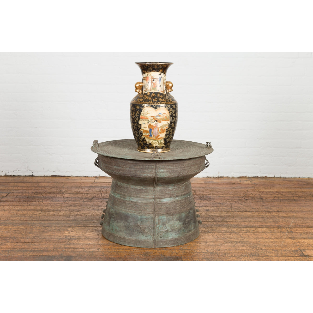 Laotian Style Vintage Bronze Rain Drum with Geometric Motifs and Frog Finials-3. Asian & Chinese Furniture, Art, Antiques, Vintage Home Décor for sale at FEA Home