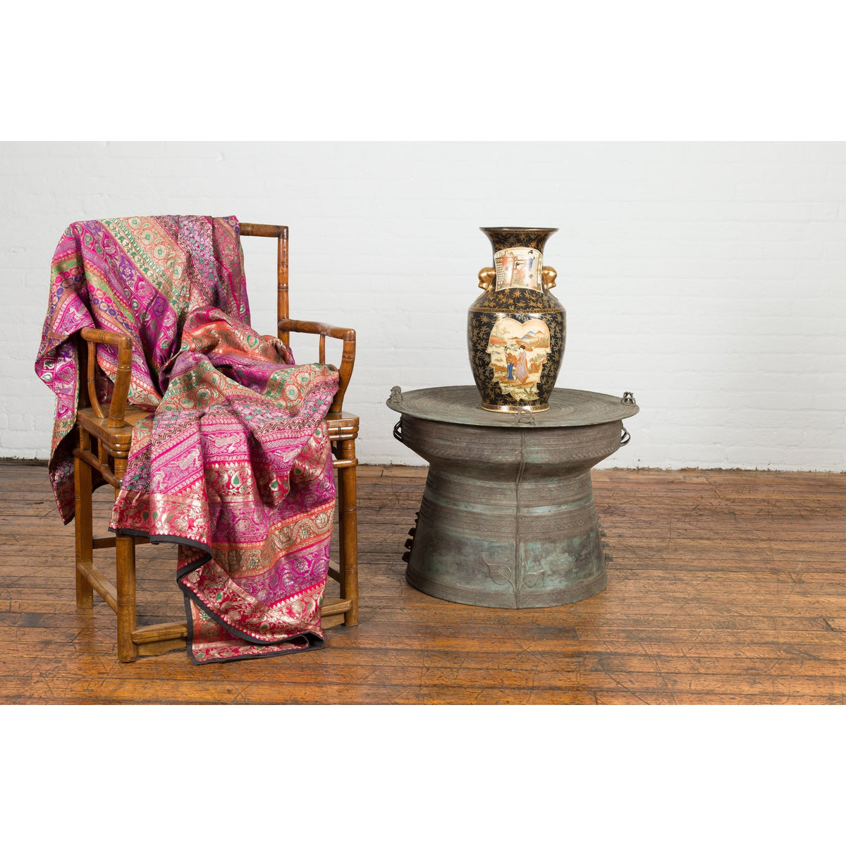 Laotian Style Vintage Bronze Rain Drum with Geometric Motifs and Frog Finials-4. Asian & Chinese Furniture, Art, Antiques, Vintage Home Décor for sale at FEA Home