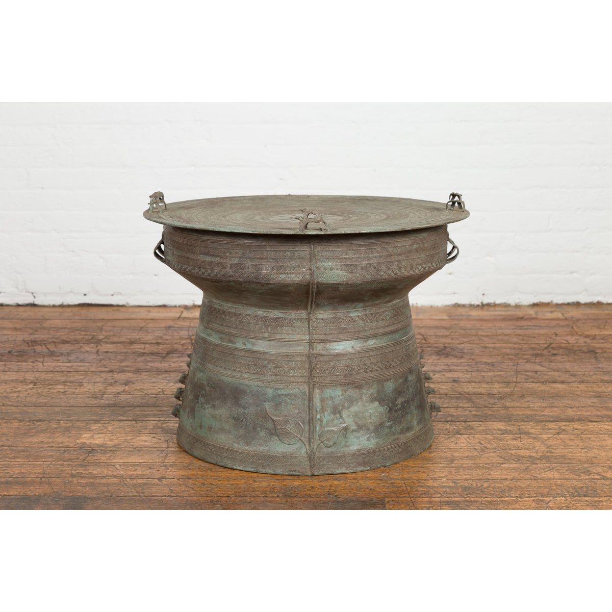 Laotian Style Vintage Bronze Rain Drum with Geometric Motifs and Frog Finials-5. Asian & Chinese Furniture, Art, Antiques, Vintage Home Décor for sale at FEA Home